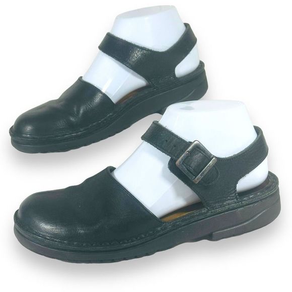 Walking Co Leather Ankle Strap Buckle Slip On Close Toe Flat Shoes Black Size 6 - Picture 2 of 9